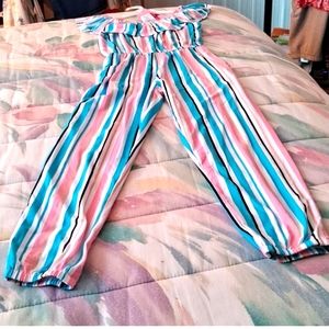 NWT,Adorable,Girl'sCold Shoulder,Pink,Blue,White,Striped, Jumpsuit🩷🤍💙
